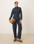 [Wrangler] Wrangler barrel leg western jumpsuit in darkwash blue-Navy S RUSTIC RINSE