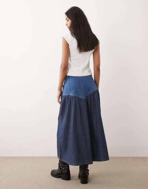 Wrangler basque waist maxi denim skirt in medium blue wash, 4 of 5