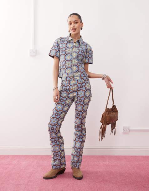 Wrangler - Blåt sæt med 70'er-print bestående af jeans og top med lynlås foran - view 1