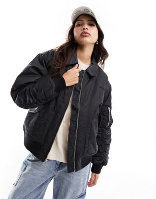 Wrangler bomber jacket with collar and ruching detail in black