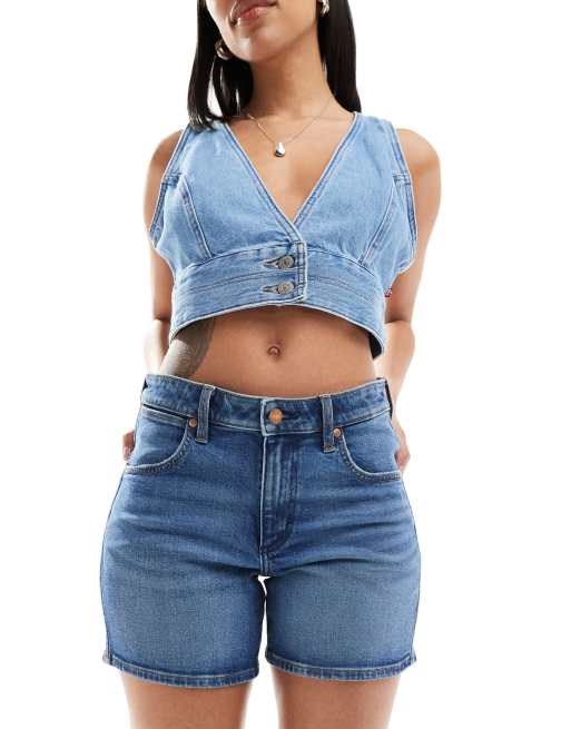 Wrangler boyfriend straight fit distressed denim shorts in light wash ASOS