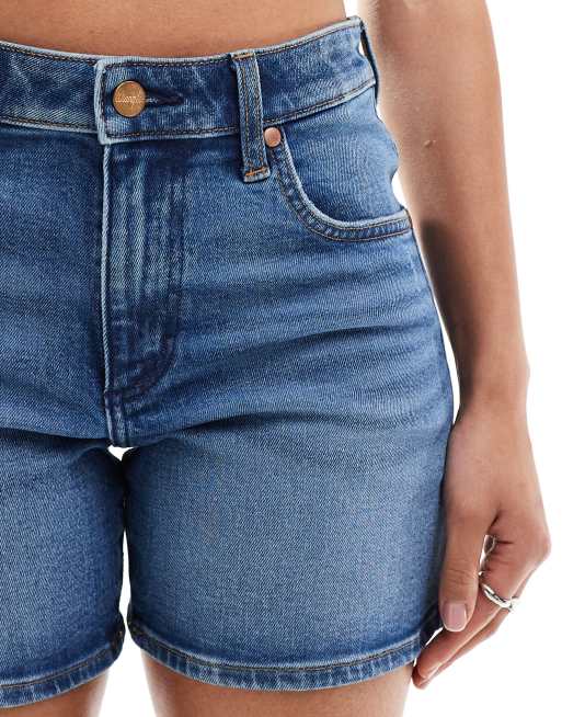 Wrangler boyfriend straight fit distressed denim shorts in light wash ASOS