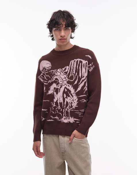 Wrangler – Brązowy gruby sweter z motywem kowboja - view 1
