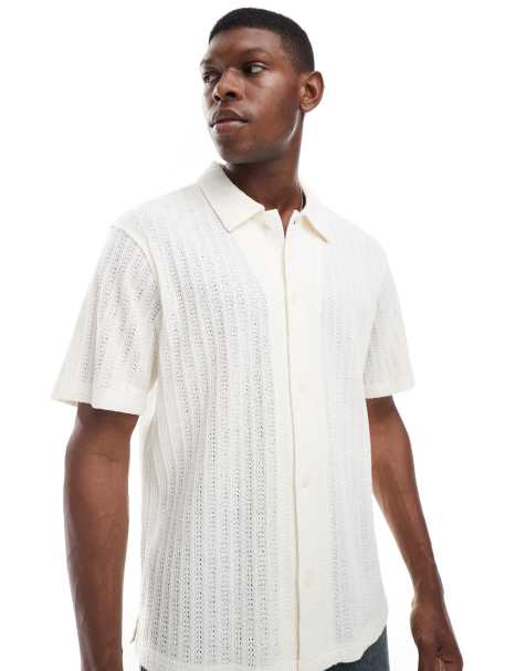 Wrangler button through short sleeve open knit shirt in cream - view 1