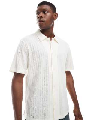 button up short sleeve open knit shirt in cream-White