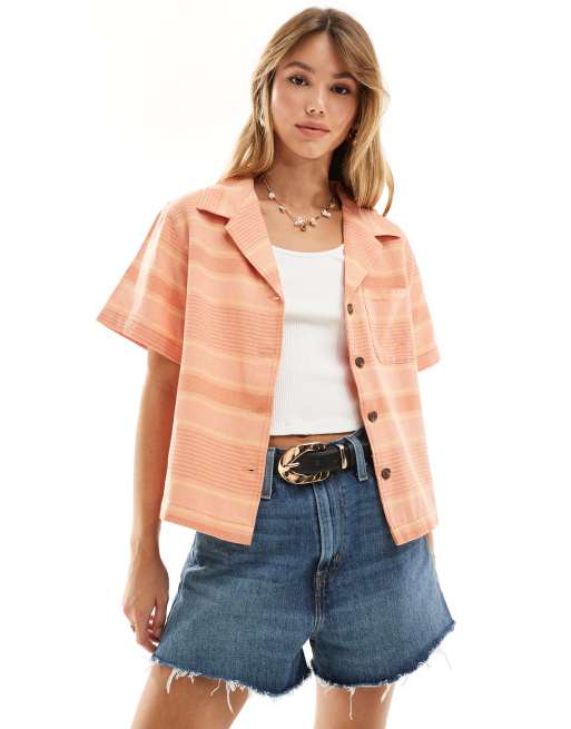 Wrangler - Camicia a maniche corte arancione testurizzata con colletto a rever