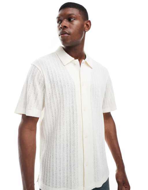 Wrangler - Camicia color crema a maniche corte in maglia traforata con bottoni