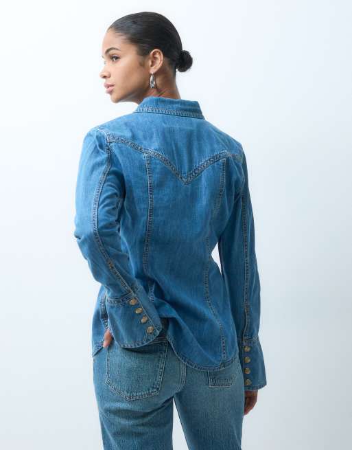 Wrangler camicia western in denim blu medio, 3 di 4