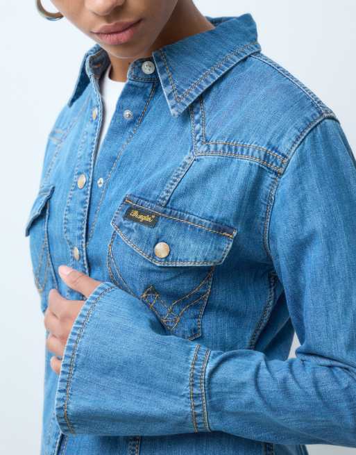 Wrangler camicia western in denim blu medio, 4 di 4