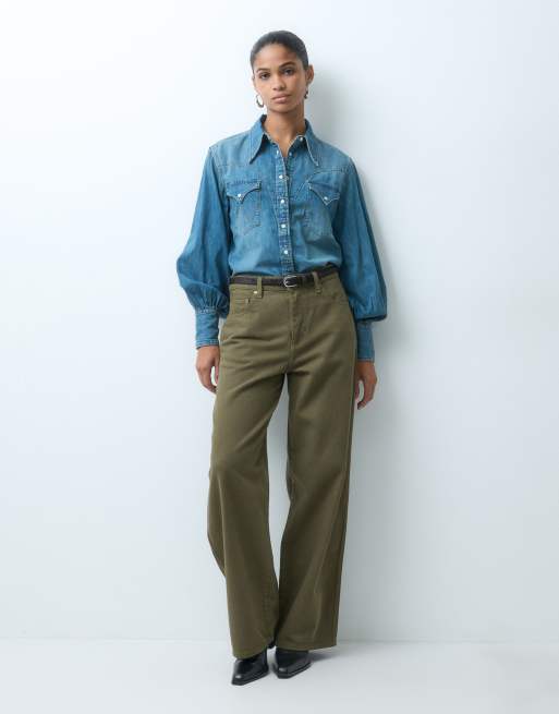 Wrangler camisa western vaquera con mangas abullonadas en azul medio, 2 de 4