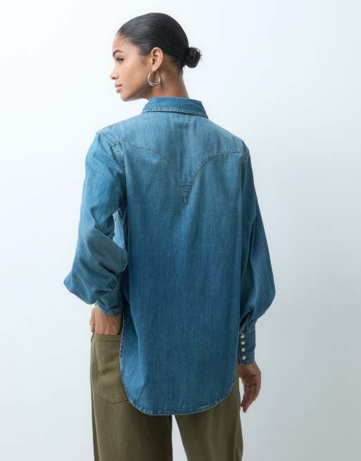 Wrangler camisa western vaquera con mangas abullonadas en azul medio, 3 de 4
