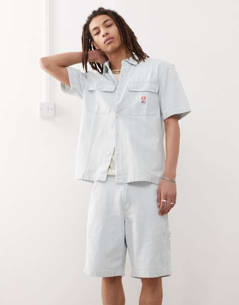 Wrangler Casey Jones workwear short sleeve railroad stripe denim shirt in light wash CO-ORD