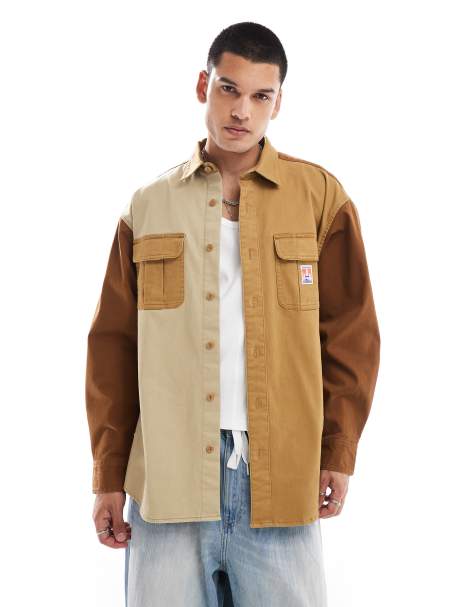 Wrangler Casey Jones workwear colourblock twill shirt relaxed fit in tan - view 1