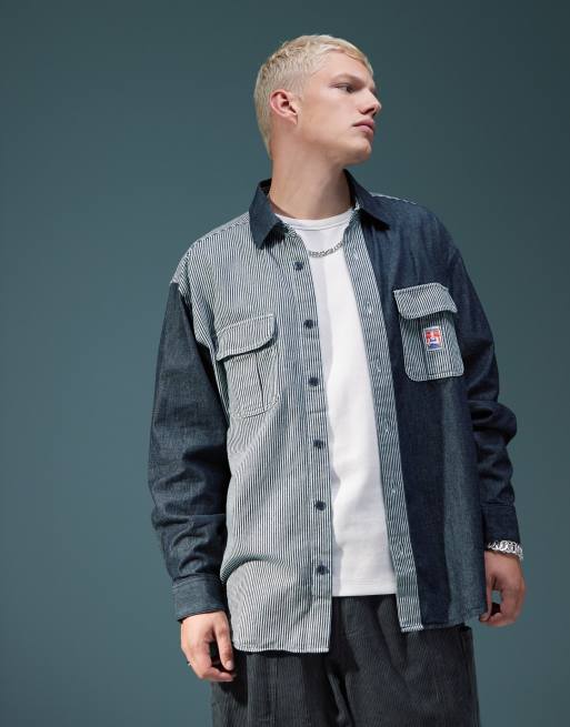 Wrangler – Casey Jones – Workwear – Locker geschnittenes Jeanshemd in dunkler Waschung mit Blockfarben-Streifen/einfarbigem Design