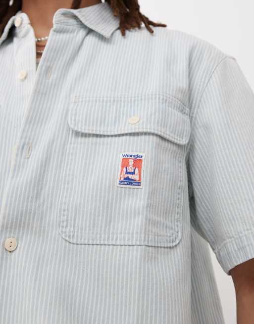 Wrangler Casey Jones workwear short sleeve railroad stripe denim shirt in light wash CO-ORD, 2 of 4