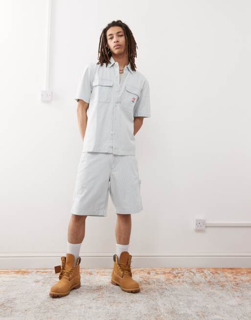 Wrangler Casey Jones workwear short sleeve railroad stripe denim shirt in light wash CO-ORD, 3 of 4