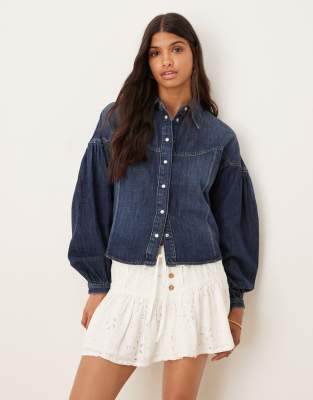 Chemise courte en jean à manches ballon - Bleu foncé délavé-Bleu marine L