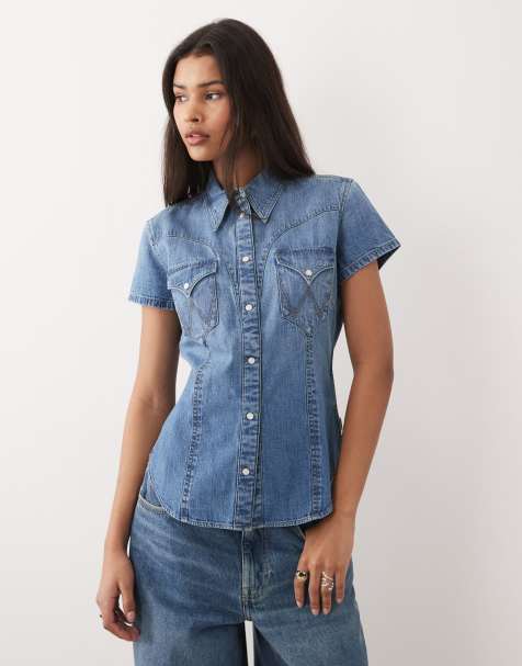 Wrangler - Chemise en jean boutonnée style western - Bleu moyen délavé - view 1