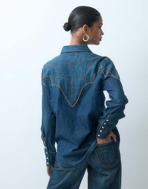 Wrangler chemise western en denim bleu foncé, 4 de 4