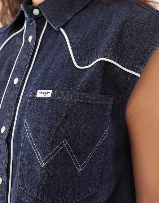 Wrangler – Ciemnoniebieska jeansowa koszula kowbojska bez rękawów, 3 z 4
