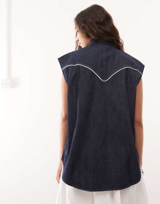 Wrangler – Ciemnoniebieska jeansowa koszula kowbojska bez rękawów, 4 z 4