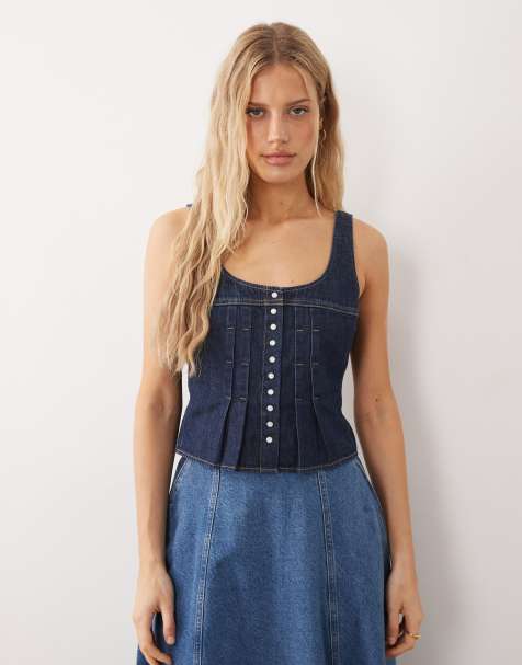 Wrangler – Ciemnoniebieski jeansowy top gorsetowy z zakładkami - view 1