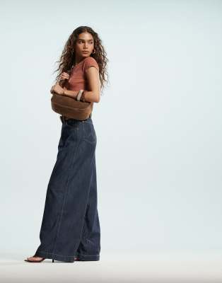 Wrangler co-ord denim pleated wide leg trouser in dark blue - view 1