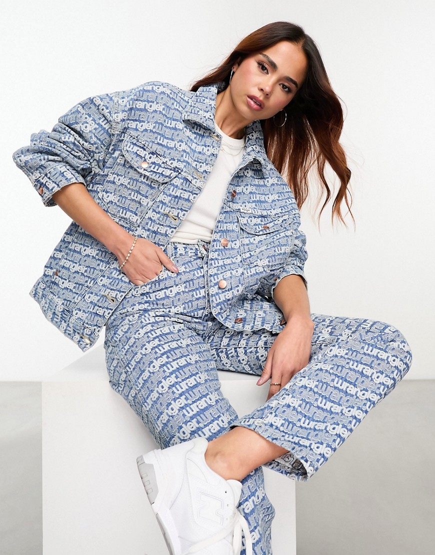 Wrangler co-ord embroidered repeat logo denim jacket in blue
