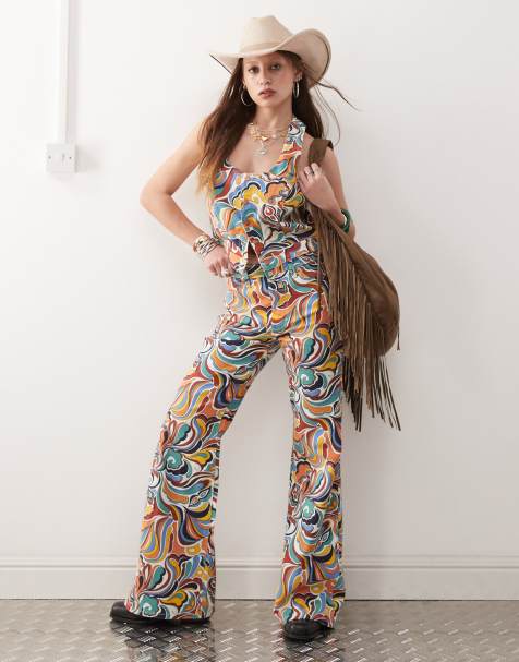 Wrangler co-ord high rise flared jean in all over bright 70s print - view 1
