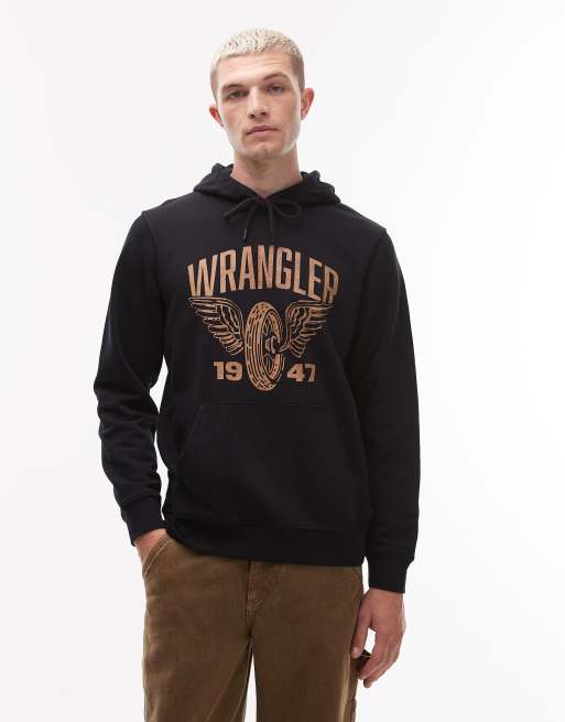 Wrangler collegiate center chest print hoodie in black