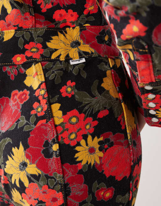 Wrangler - Combinaison rétro en denim à imprimé floral - Rouge et jaune, 3 de 4