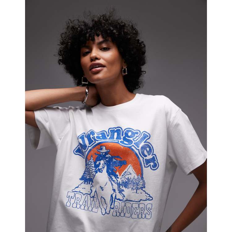 Wrangler cowboy graphic chest print t-shirt in off white | ASOS