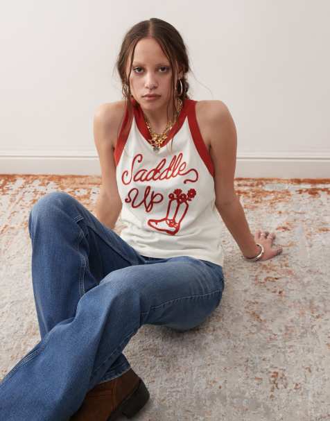 Wrangler cowboy ringer vest in vintage white and red - view 1