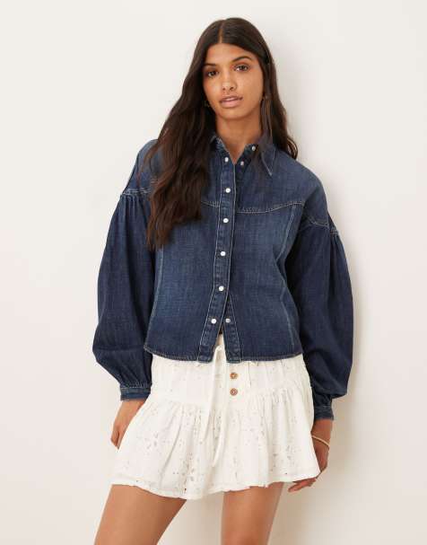 Wrangler cropped denim shirt with balloon sleeves in dark wash blue - view 1