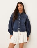 [Wrangler] Wrangler cropped denim shirt with balloon sleeves in dark wash blue-Navy S HOMESTEAD HAZE
