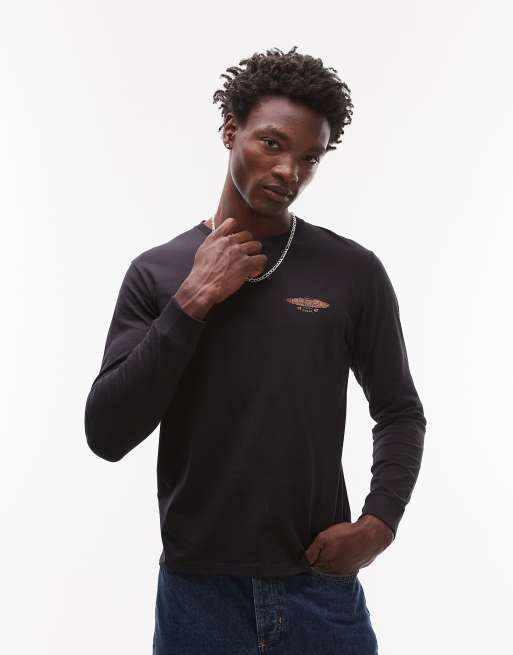 Wrangler – Czarny T-shirt z długimi rękawami i logo z motywem motocyklowym na piersi