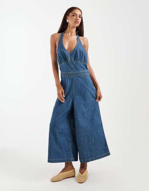 Wrangler - Denim culotte-jumpsuit in medium blauwe wassing - view 1