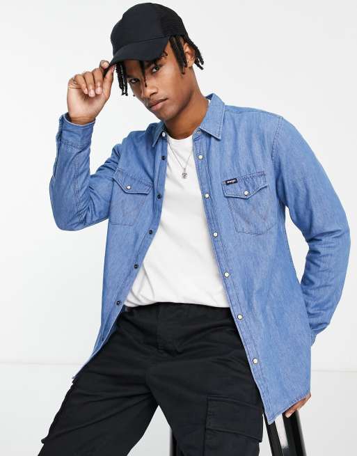 Wrangler - Denim overhemd met lange mouwen in middenblauw