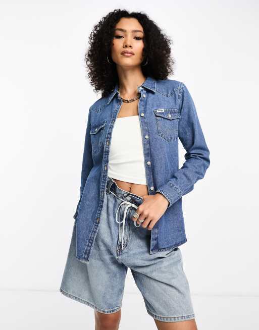 Wrangler - Denim overhemd met western details in middenblauw