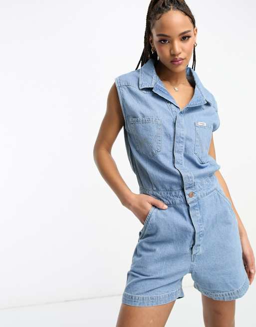 Wrangler denim playsuit with revere collar in light blue | ASOS