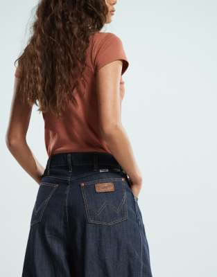Wrangler Denim Pleated Wide Leg Pants In Blue
