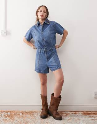 denim romper in mid blue