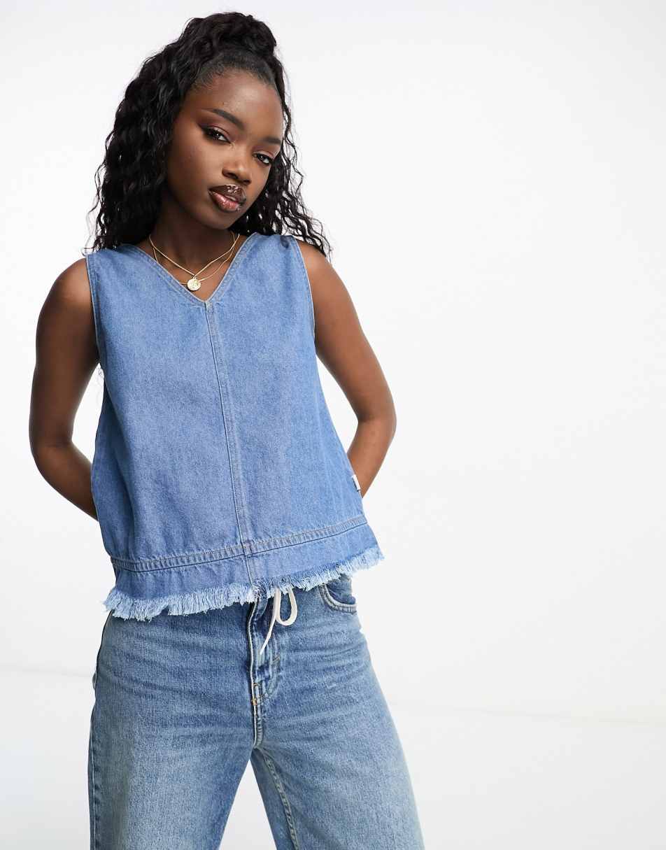 Wrangler denim tank top with fringing in dark blue