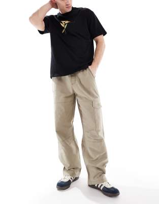 drawstring loose fit cotton carpenter pants in sand-Neutral