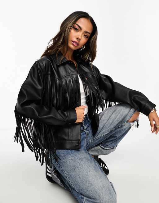 Wrangler faux leather fringe jacket in black | ASOS