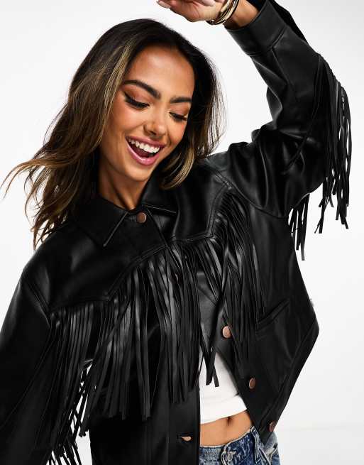 Wrangler faux leather fringe jacket in black