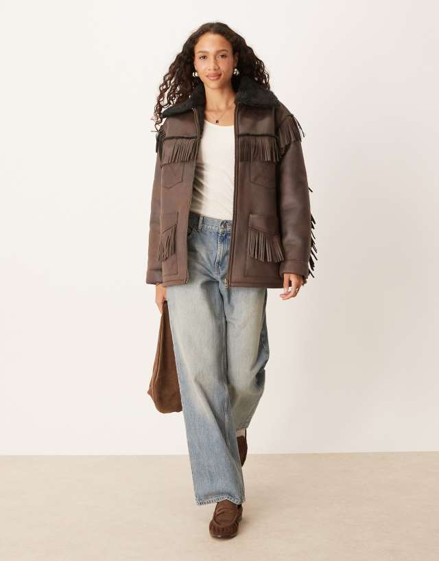 Wrangler faux shearling fringe jacket in brown | ASOS