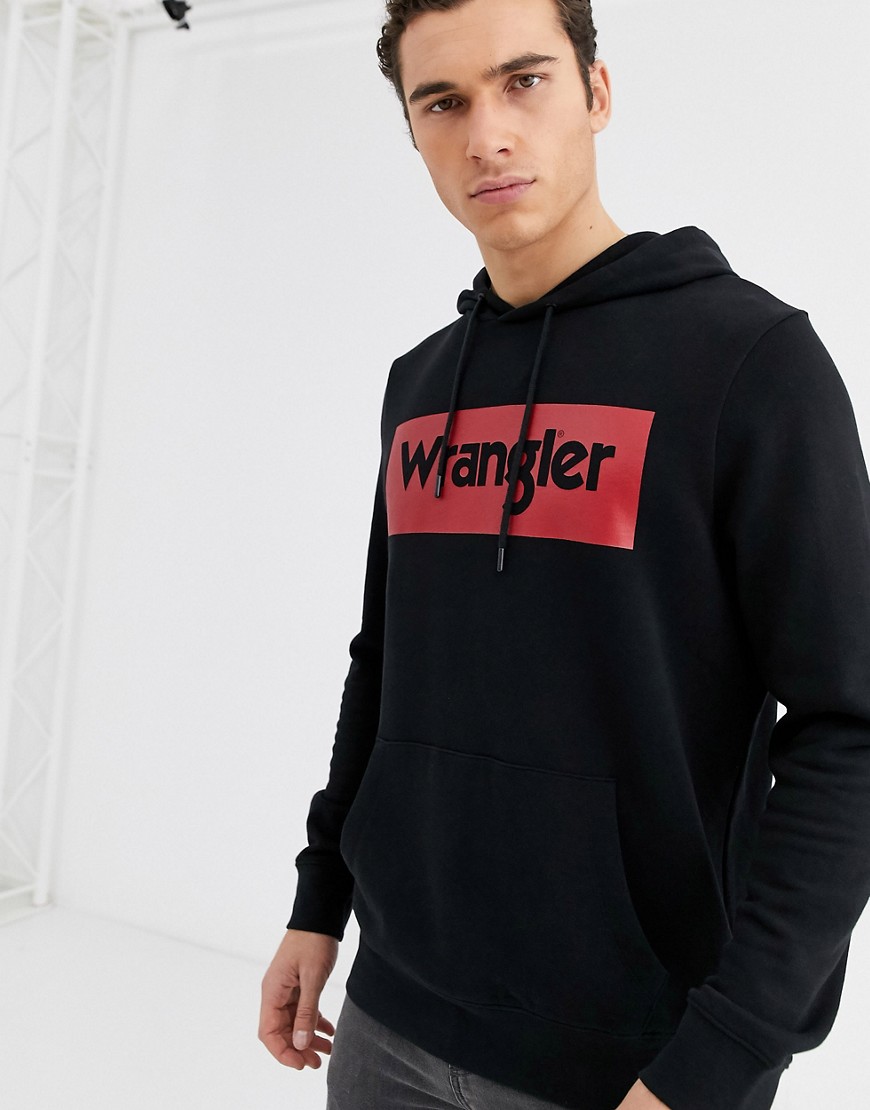 Wrangler - Felpa nera con logo grande e cappuccio-Nero