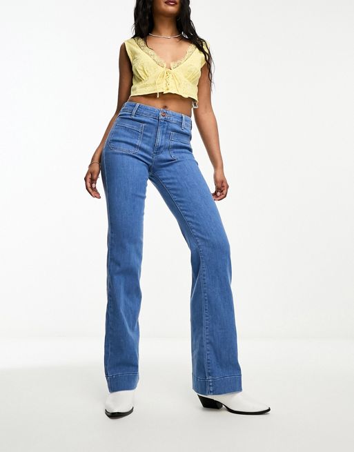 Wrangler high waist button front flare jeans in river blue