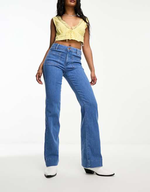 Wrangler high waisted button front flare jeans in river blue